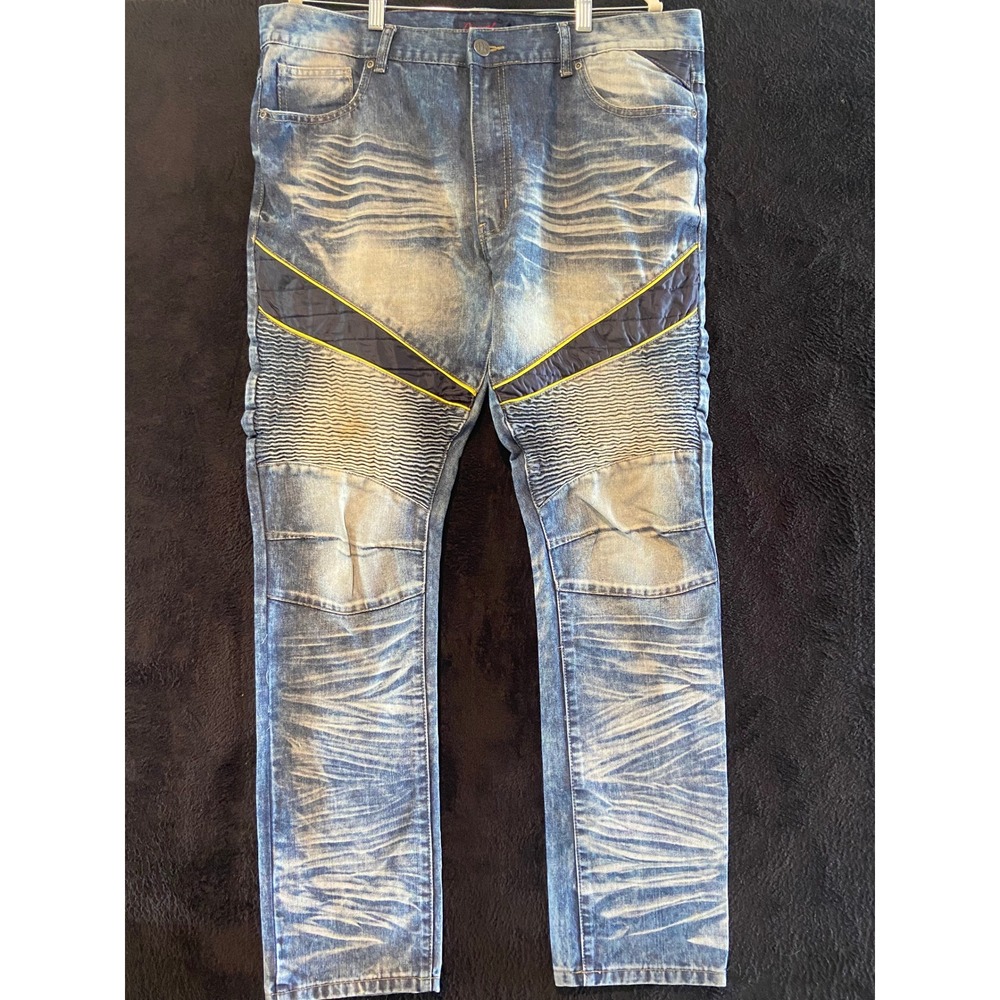 Diamond Stash Moto Jeans Mens 38 Distressed Blue Denim Biker Style Pants 38
